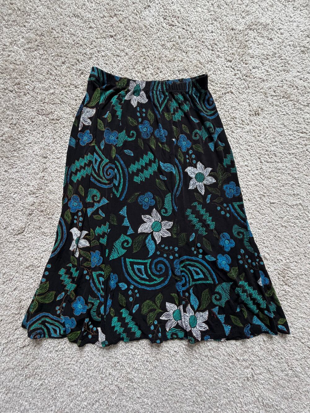 West End Y2K Black Blue Floral Abstract Retro Midi Skirt Size Small